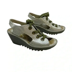 Fly London Ylva Metallic Wedge Sandals 38 Platform Lace Up Peep Toe Shoes